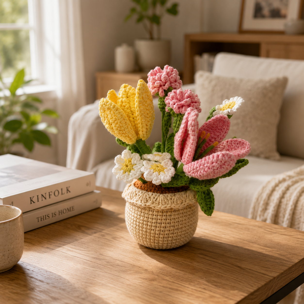 Handmade Crochet Flower Pot Arrangement | Crochet Tulips, Lily & Carnations