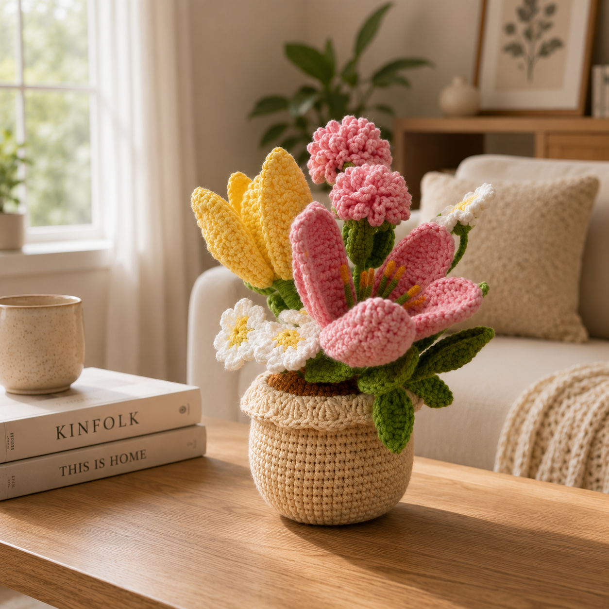 Handmade Crochet Flower Pot Arrangement | Crochet Tulips, Lily & Carnations