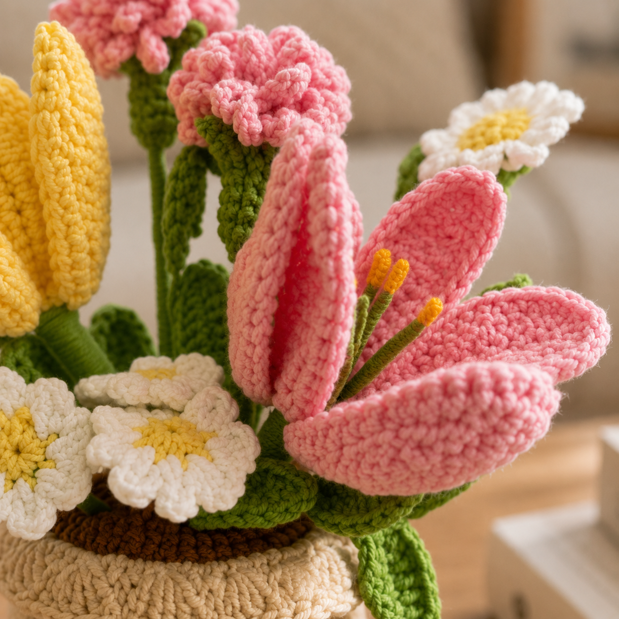 Handmade Crochet Flower Pot Arrangement | Crochet Tulips, Lily & Carnations