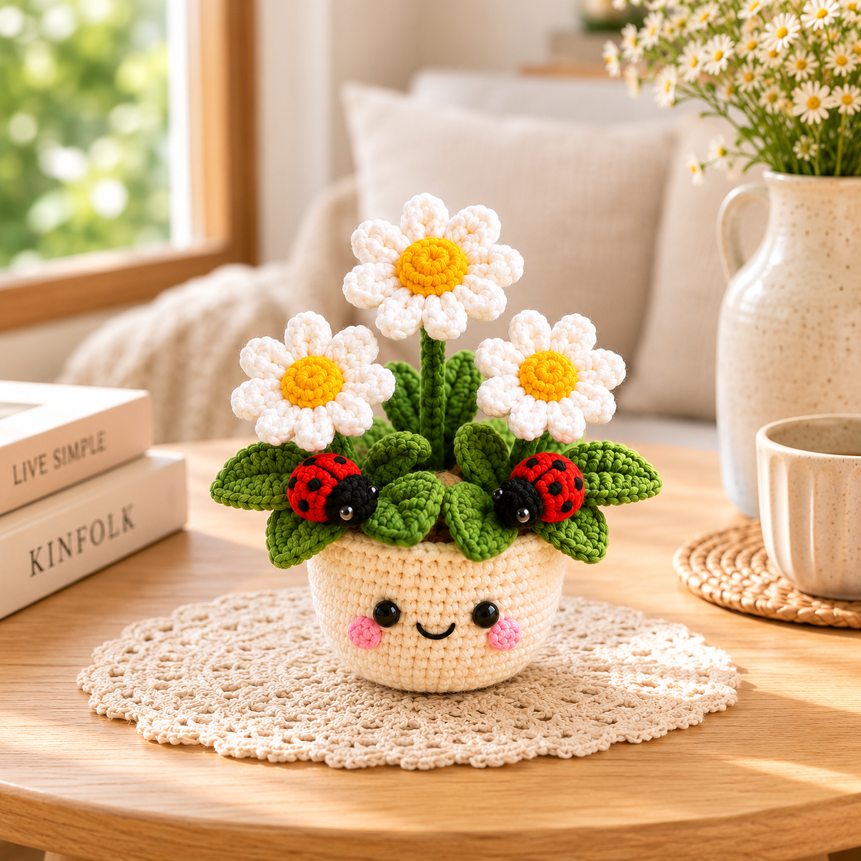 Handmade Crochet Daisy Pot with Ladybugs | Cute Amigurumi Flower Decor