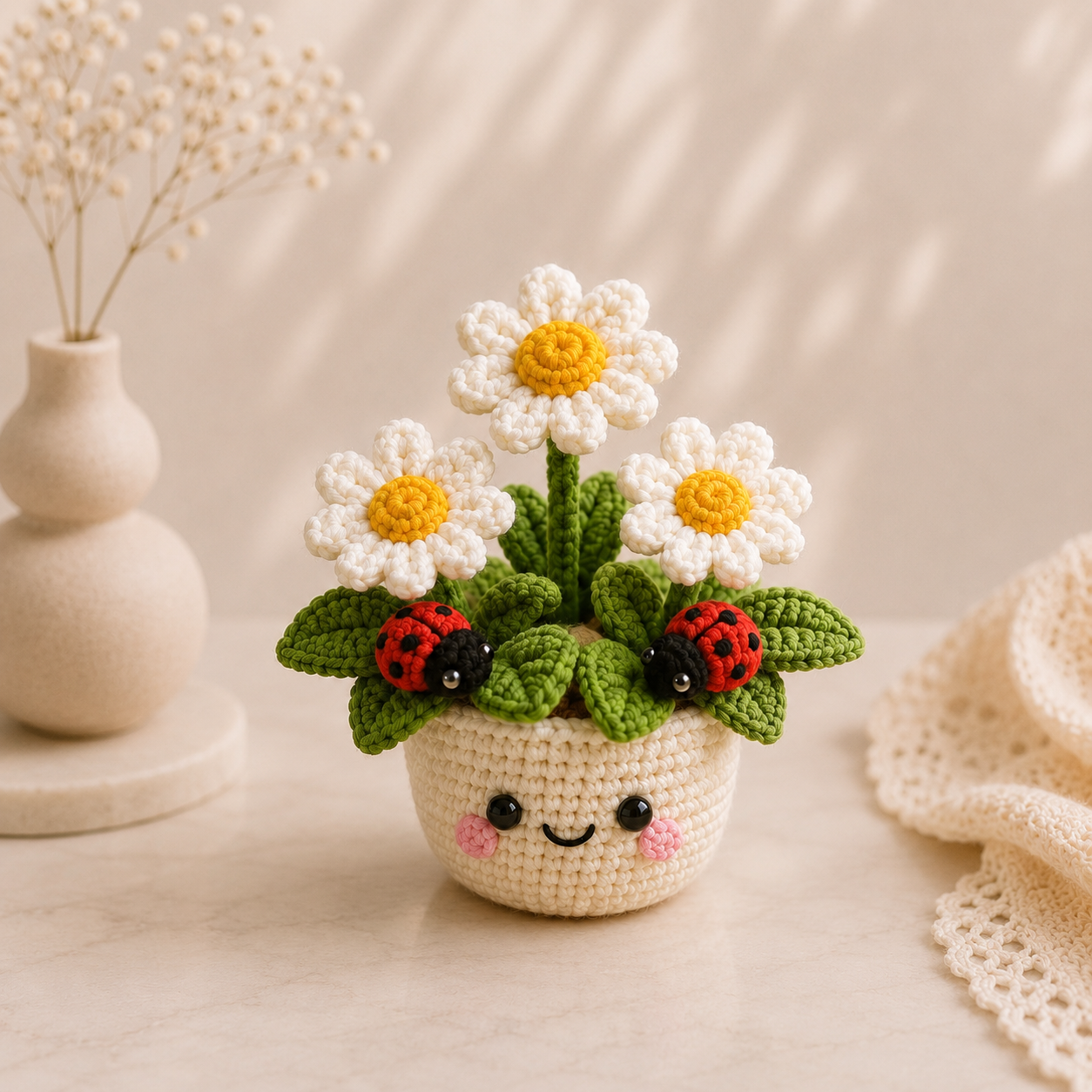 Handmade Crochet Daisy Pot with Ladybugs | Cute Amigurumi Flower Decor