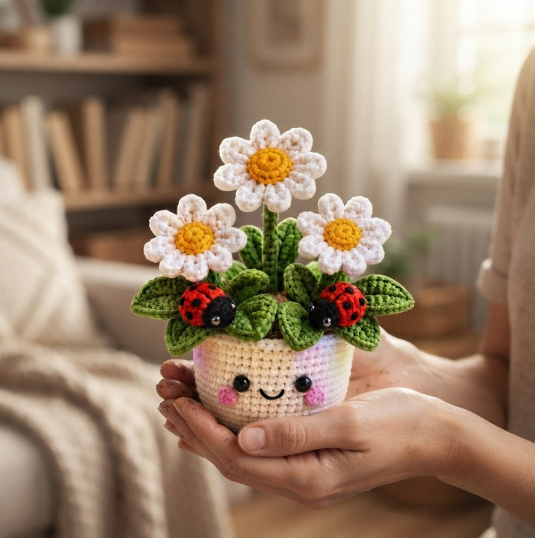 Handmade Crochet Daisy Pot with Ladybugs | Cute Amigurumi Flower Decor