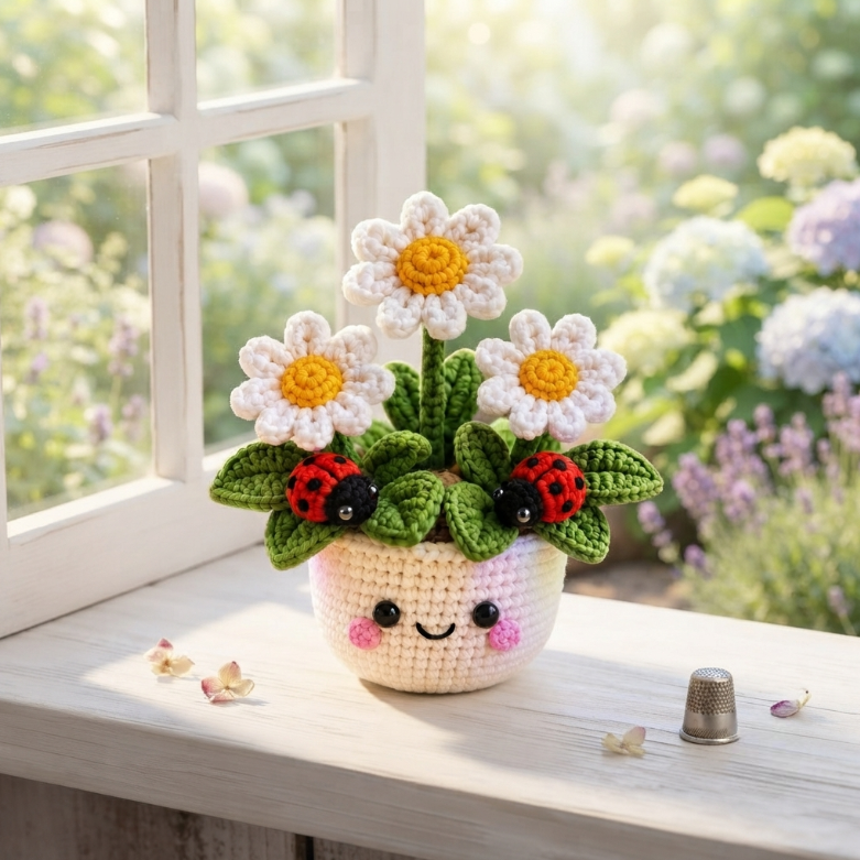Handmade Crochet Daisy Pot with Ladybugs | Cute Amigurumi Flower Decor