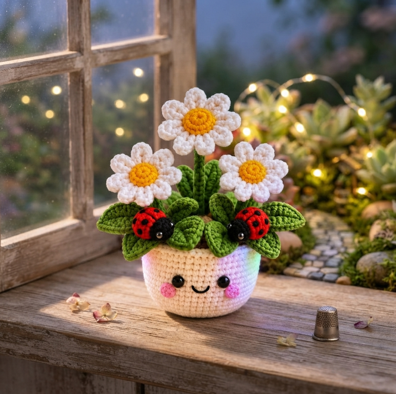 Handmade Crochet Daisy Pot with Ladybugs | Cute Amigurumi Flower Decor