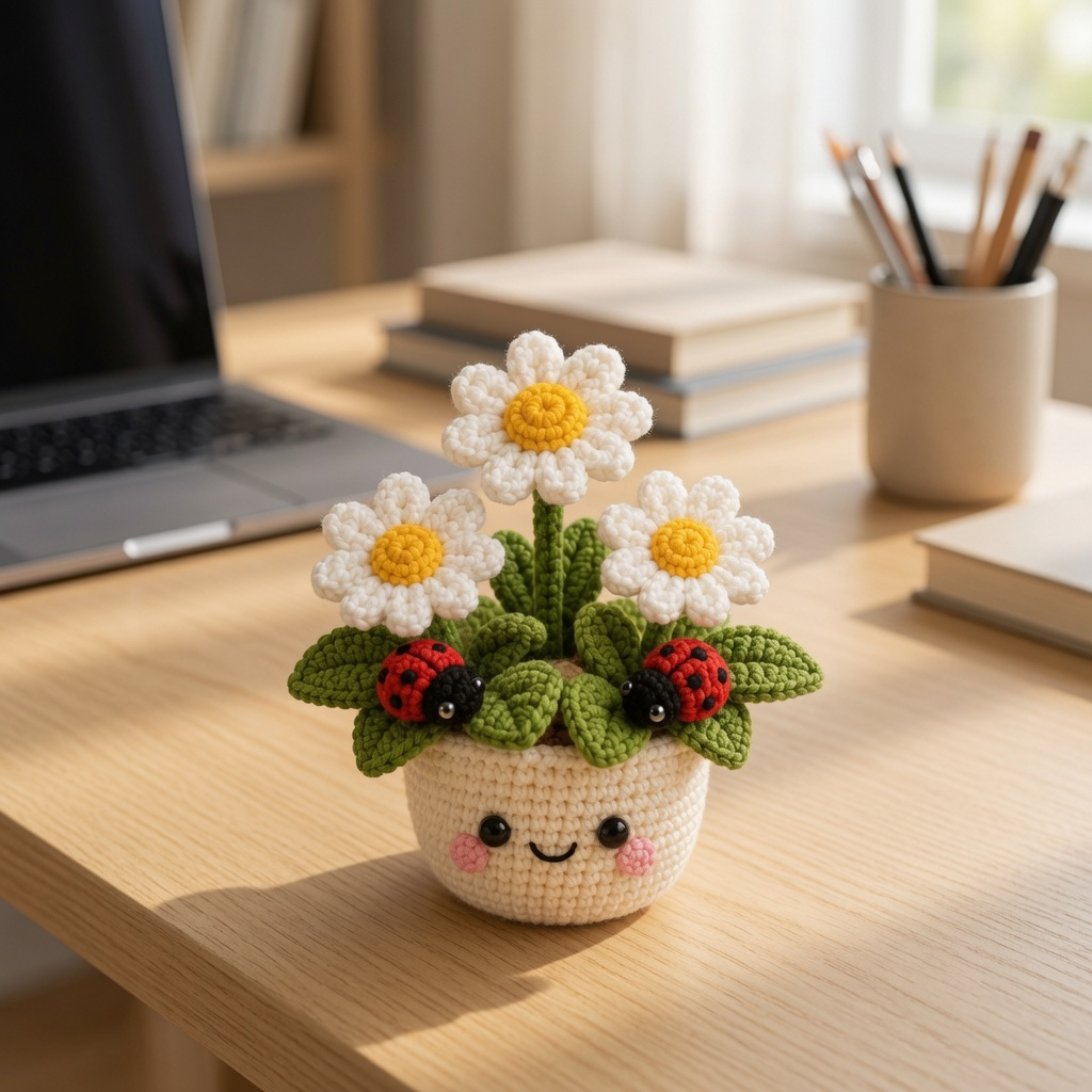 Handmade Crochet Daisy Pot with Ladybugs | Cute Amigurumi Flower Decor