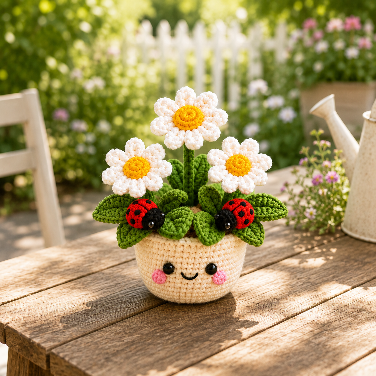 Handmade Crochet Daisy Pot with Ladybugs | Cute Amigurumi Flower Decor