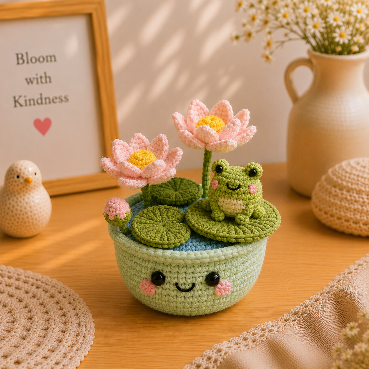 Handmade Crochet Frog With Lotus Flower Pot – Woodland Desk Decor