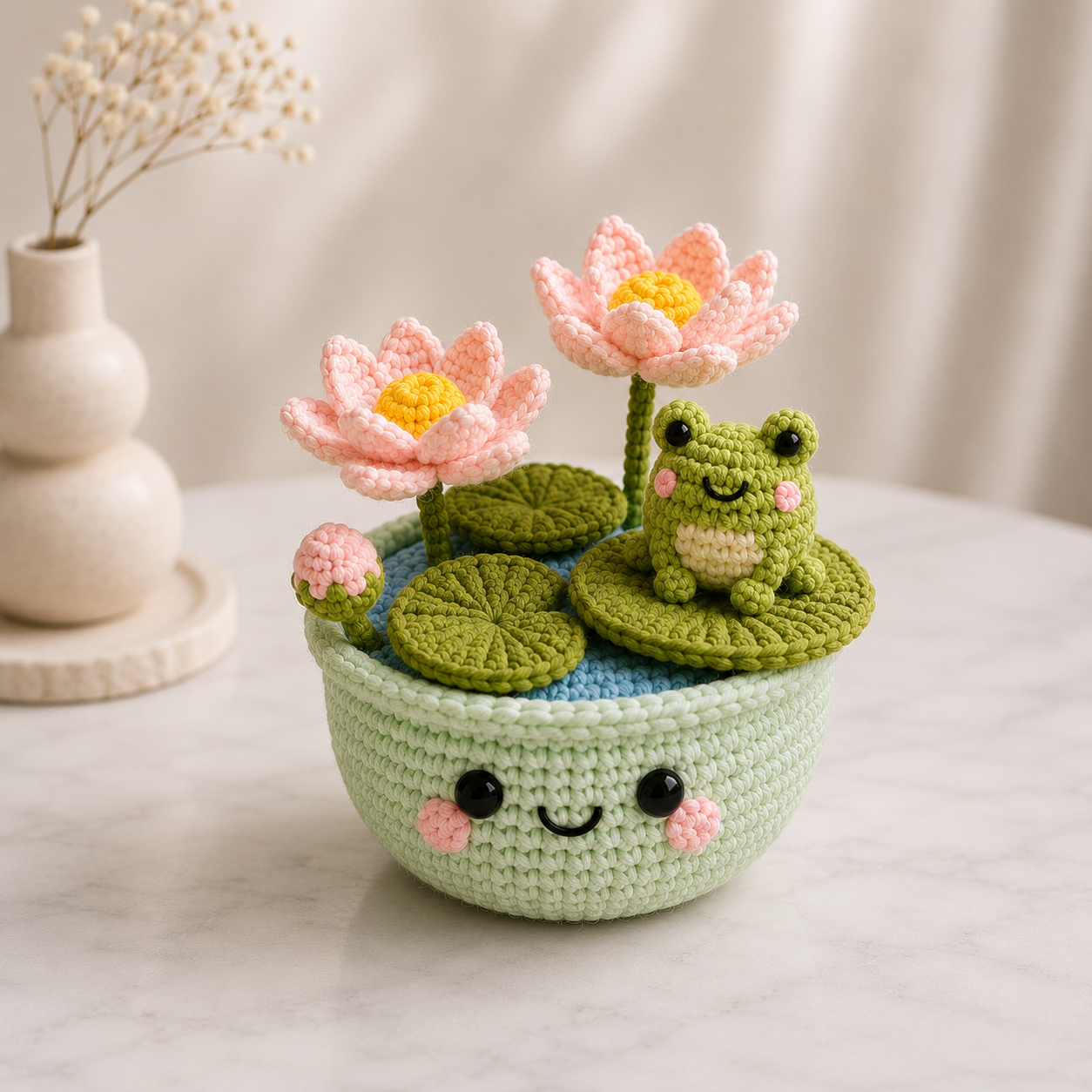 Handmade Crochet Frog With Lotus Flower Pot – Woodland Desk Decor