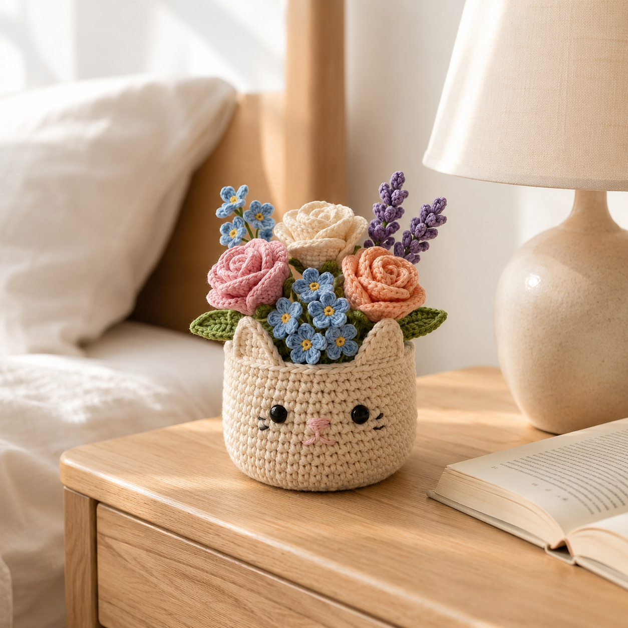 Crochet Flower Bouquet in Cat Pot – Handmade Floral Gift & Desk Decor