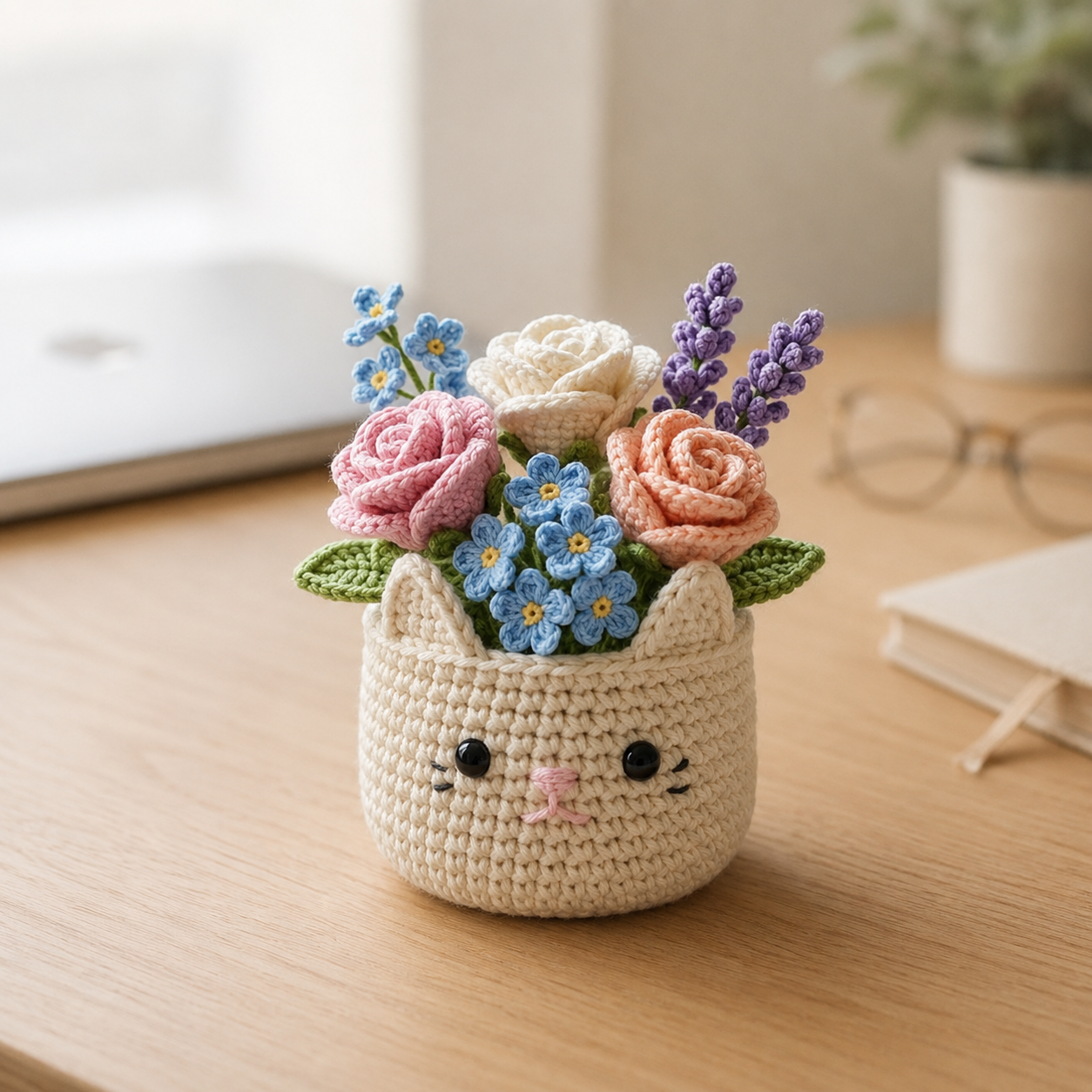 Crochet Flower Bouquet in Cat Pot – Handmade Floral Gift & Desk Decor