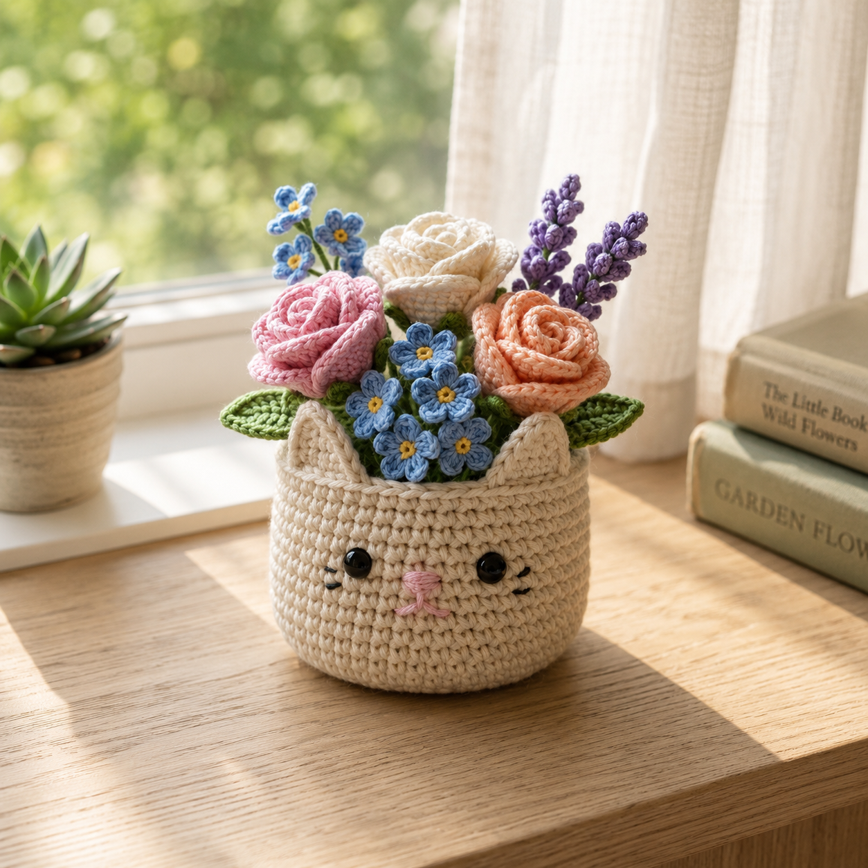 Crochet Flower Bouquet in Cat Pot – Handmade Floral Gift & Desk Decor