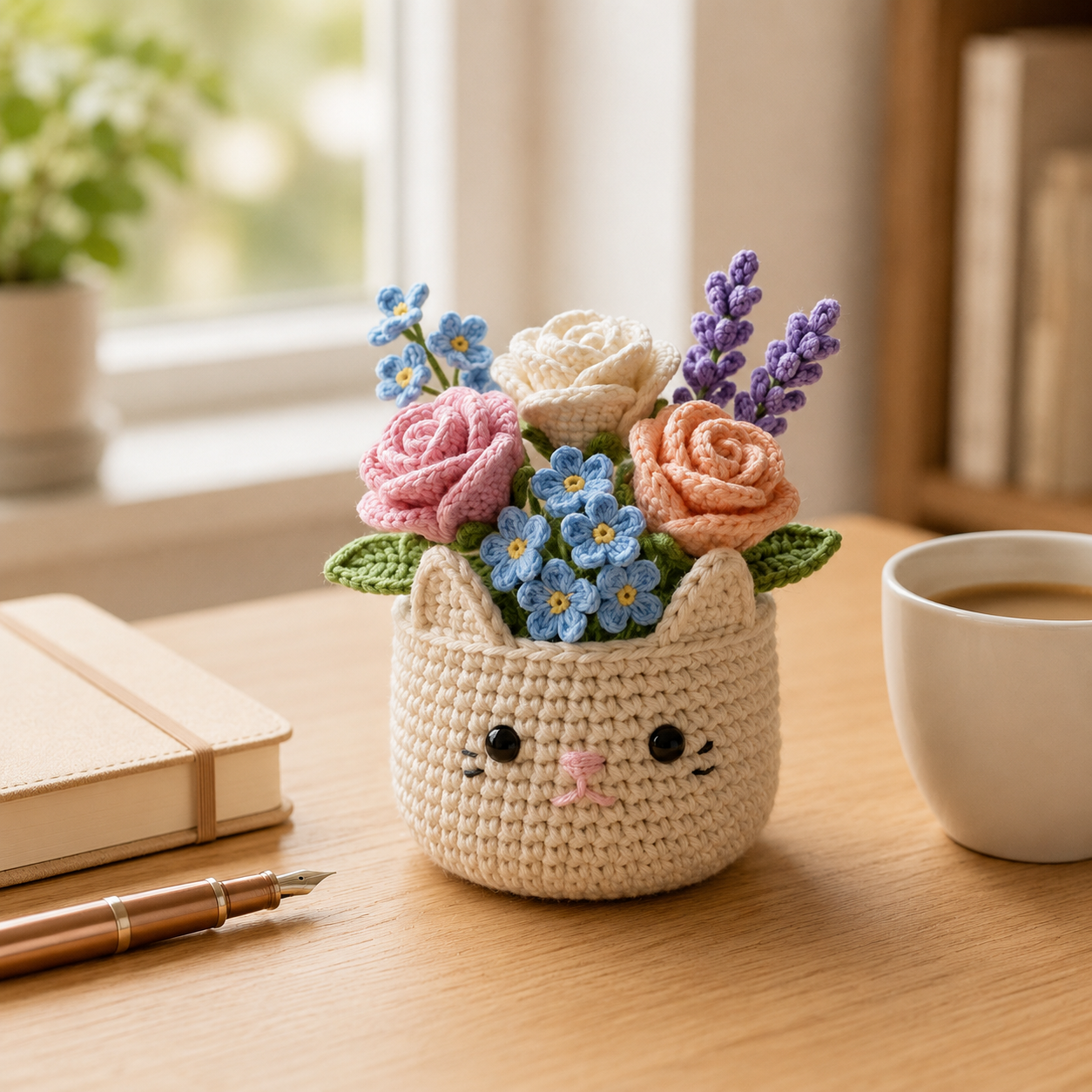 Crochet Flower Bouquet in Cat Pot – Handmade Floral Gift & Desk Decor