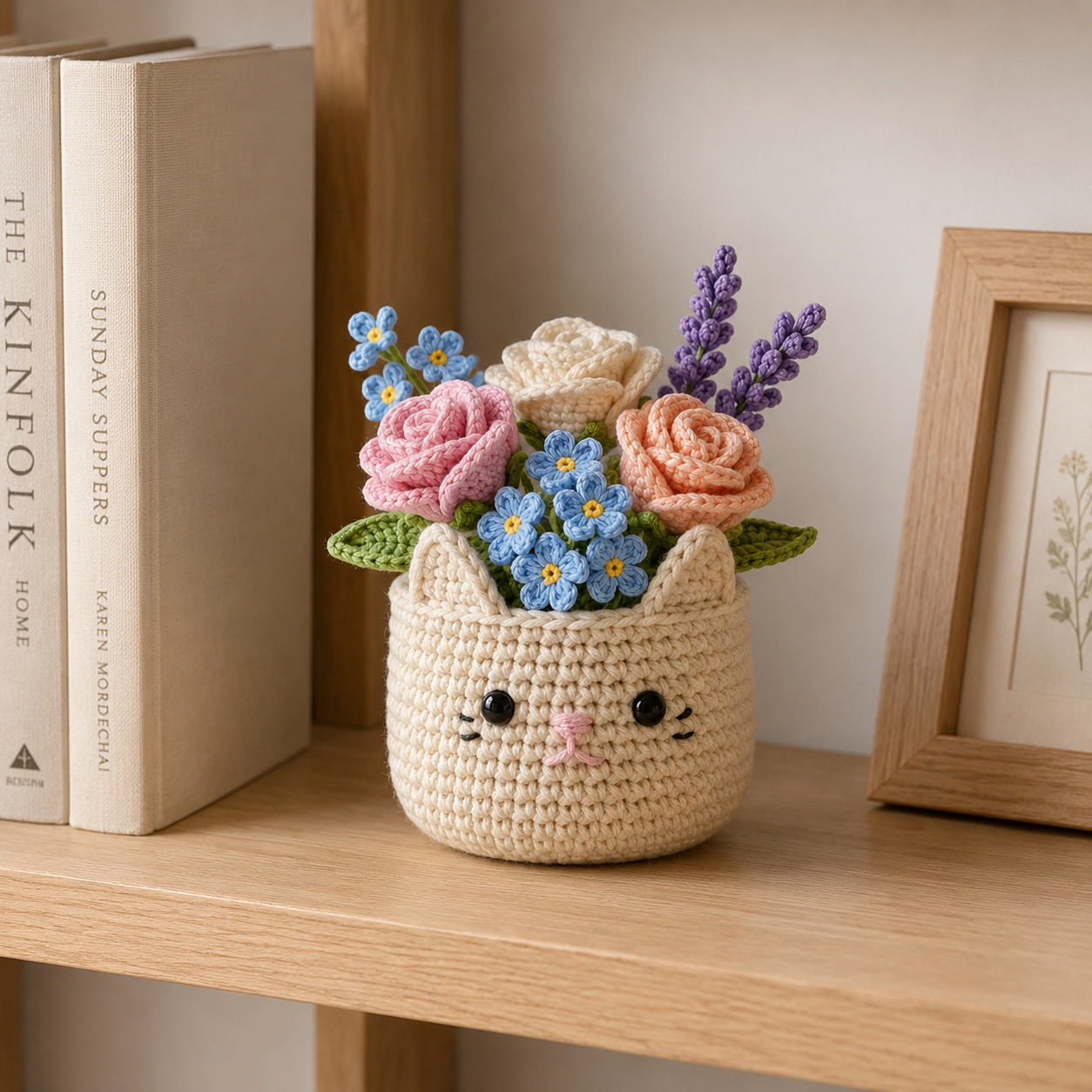 Crochet Flower Bouquet in Cat Pot – Handmade Floral Gift & Desk Decor