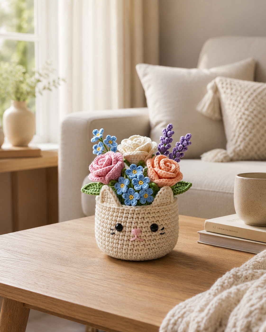 Crochet Flower Bouquet in Cat Pot – Handmade Floral Gift & Desk Decor