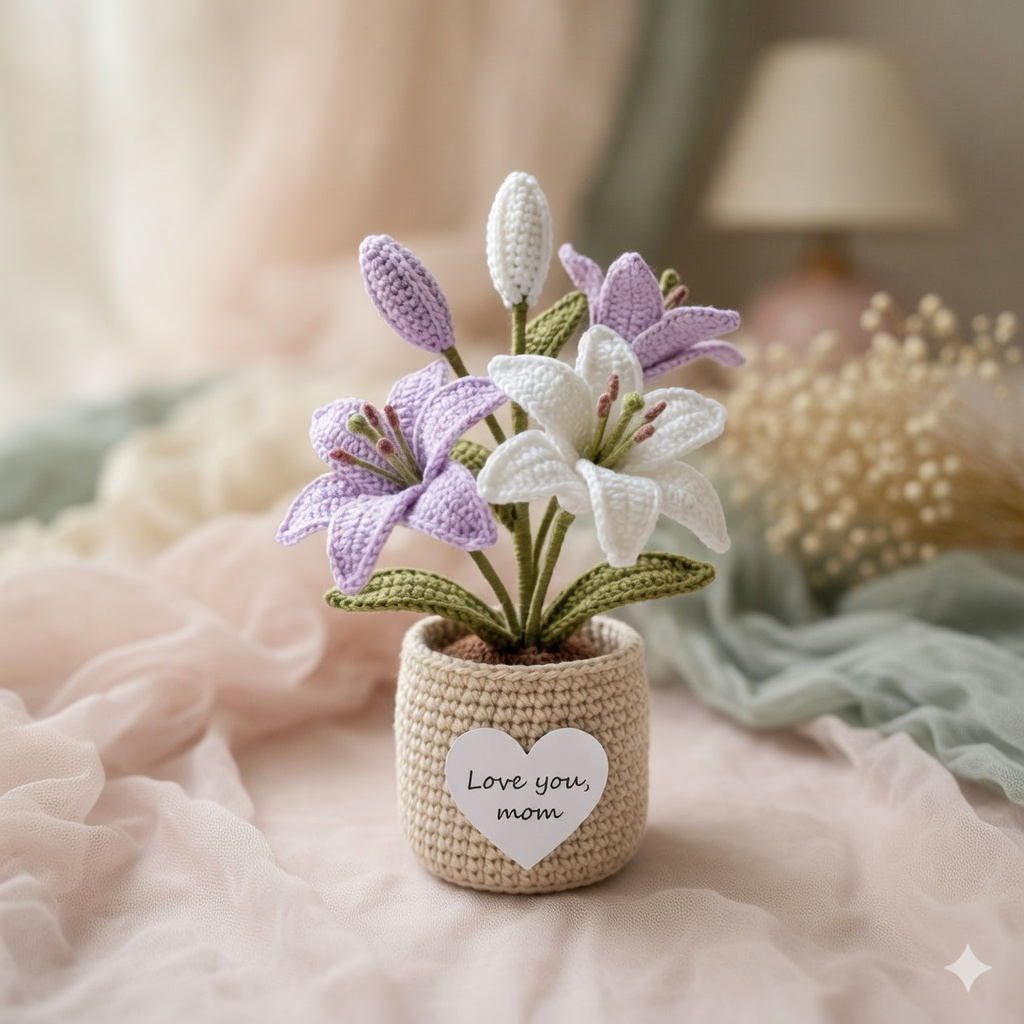 Crochet Mixed Lily Potted Plant – Handmade Personalized Gift for Mom