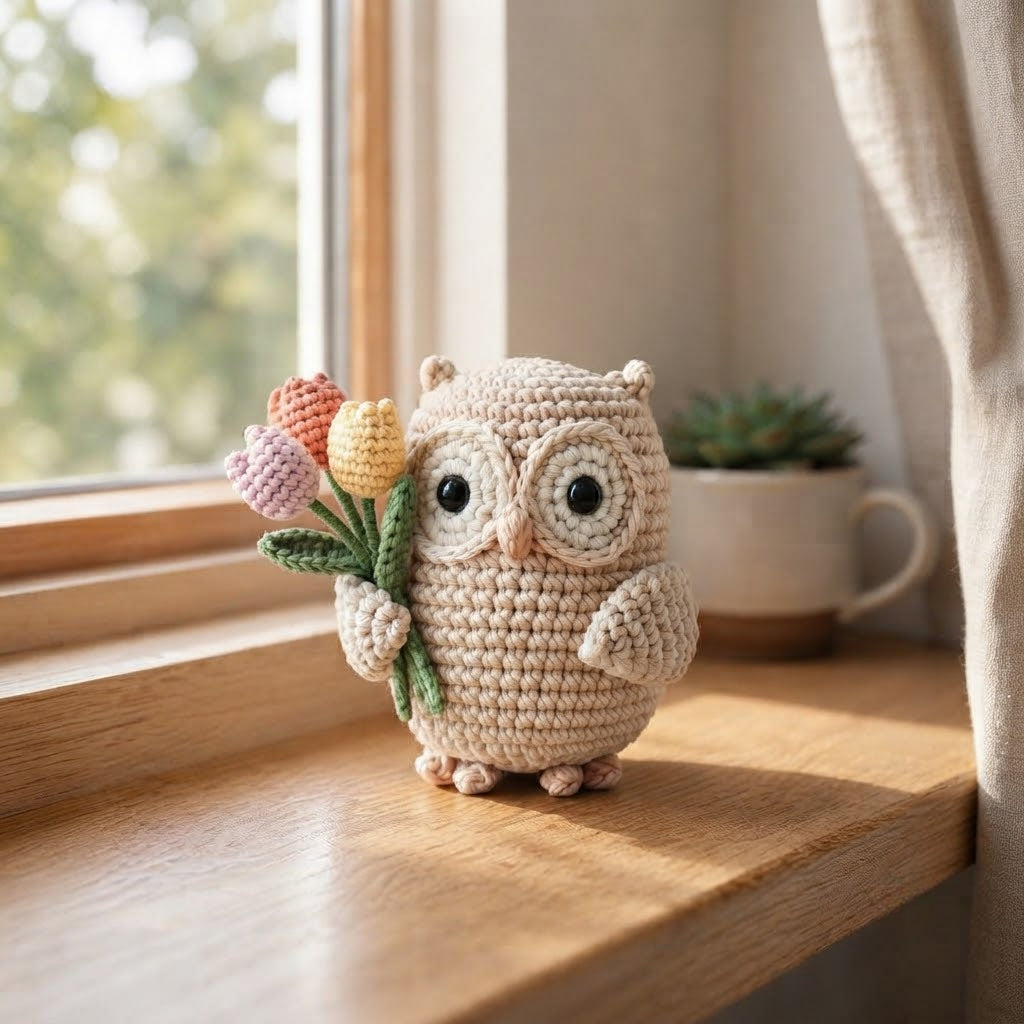 Crochet Owl with Flower – Handmade Owl Plush