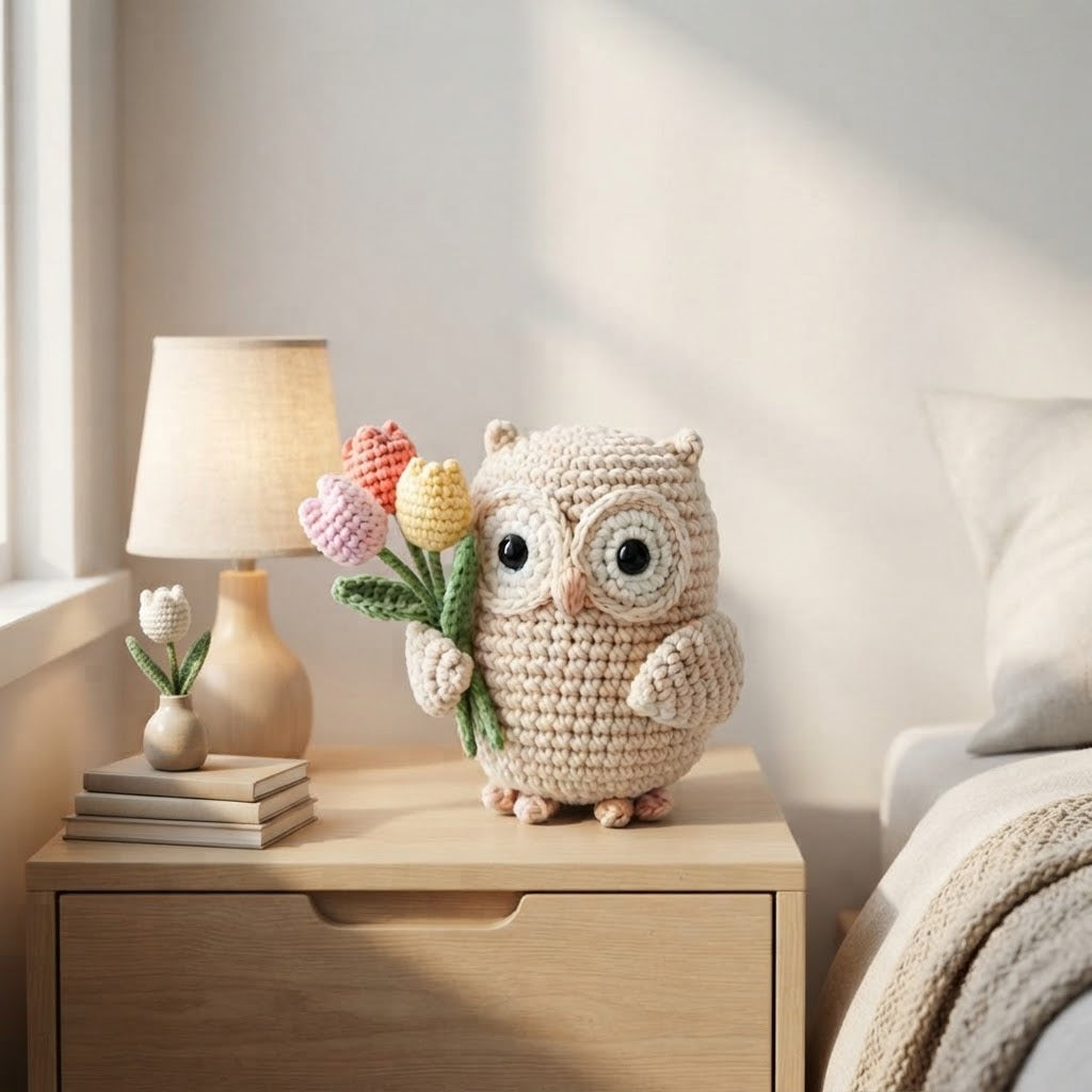 Crochet Owl with Flower – Handmade Owl Plush