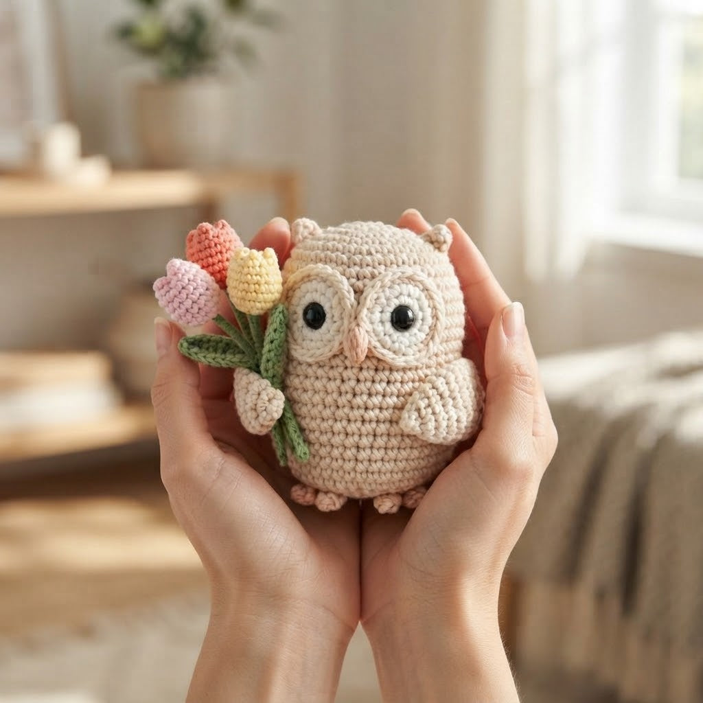 Crochet Owl with Flower – Handmade Owl Plush
