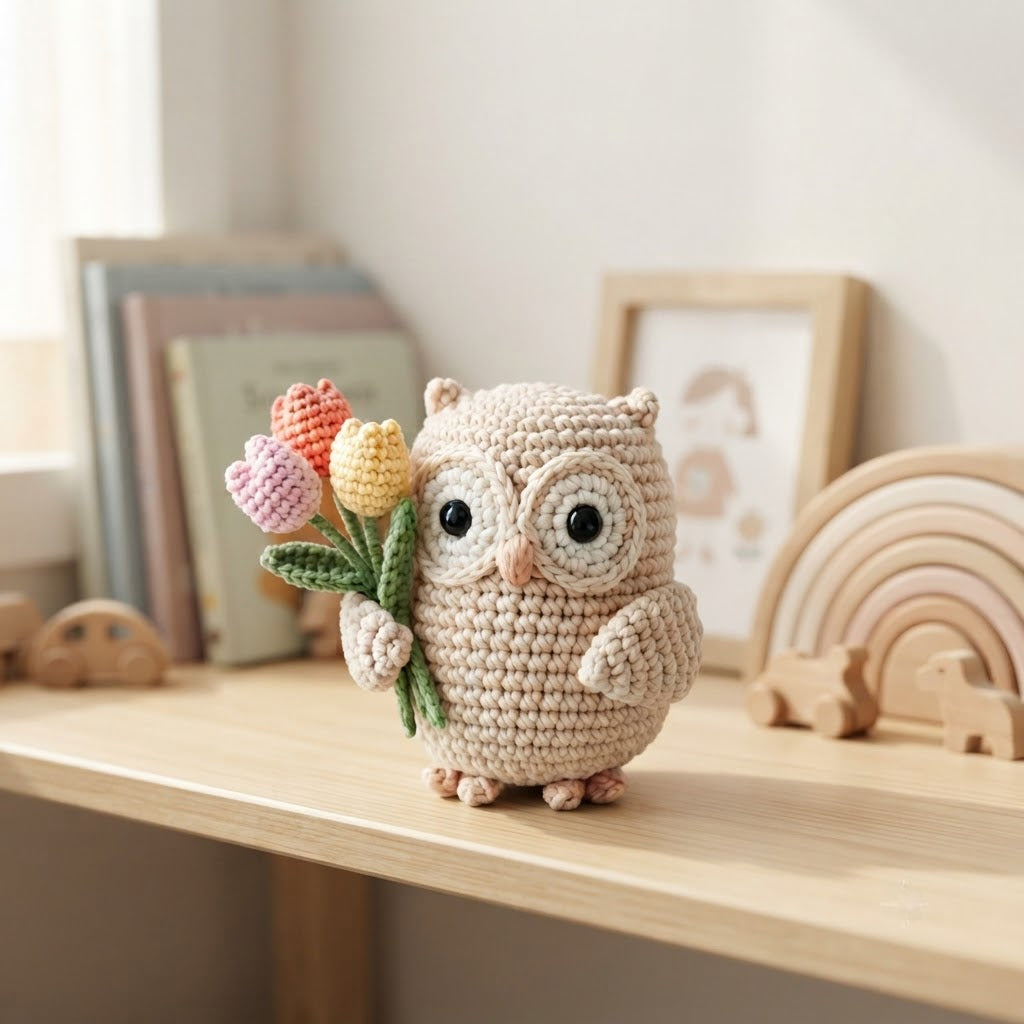 Crochet Owl with Flower – Handmade Owl Plush