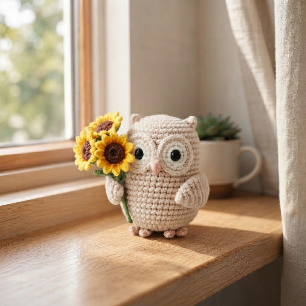 Crochet Owl with Sunflower Plush – Handmade Owl Desk Decor