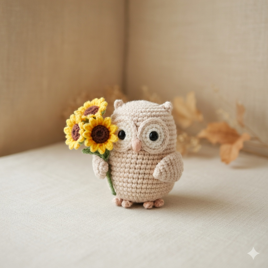 Crochet Owl with Sunflower Plush – Handmade Owl Desk Decor