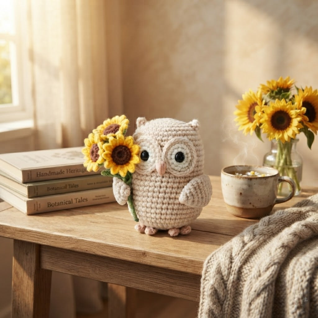 Crochet Owl with Sunflower Plush – Handmade Owl Desk Decor