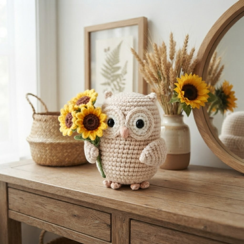 Crochet Owl with Sunflower Plush – Handmade Owl Desk Decor