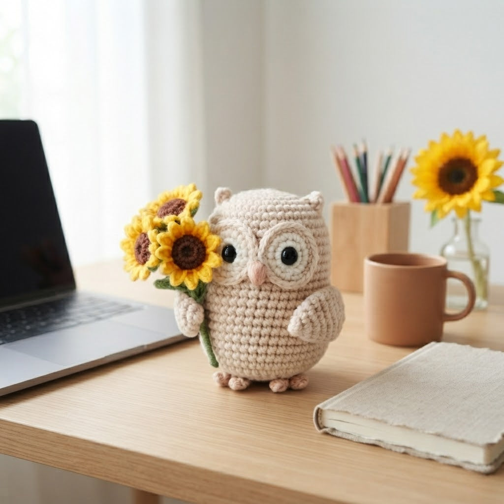 Crochet Owl with Sunflower Plush – Handmade Owl Desk Decor