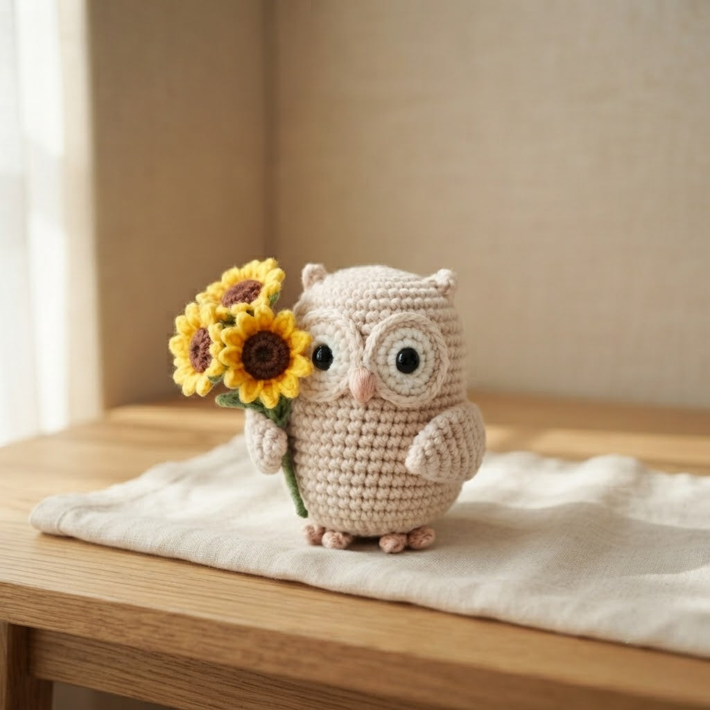 Crochet Owl with Sunflower Plush – Handmade Owl Desk Decor