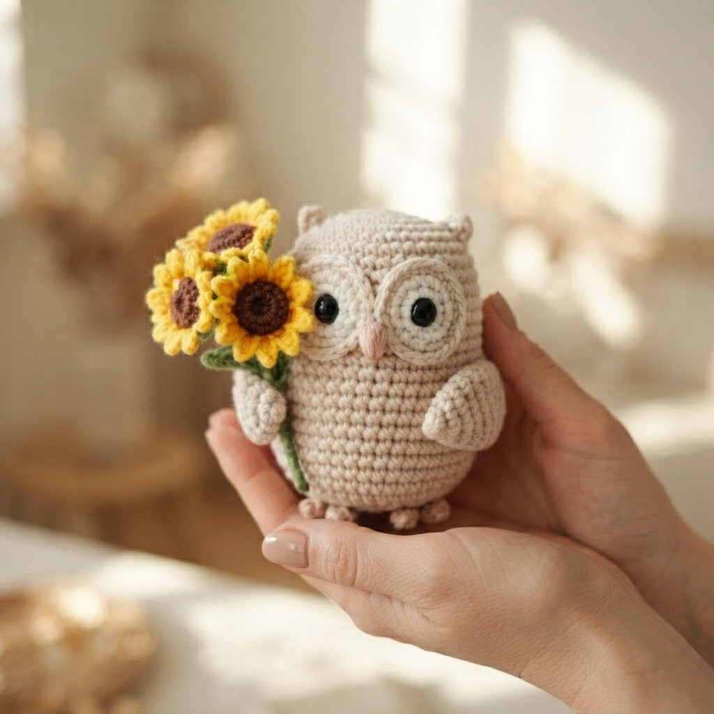 Crochet Owl with Sunflower Plush – Handmade Owl Desk Decor
