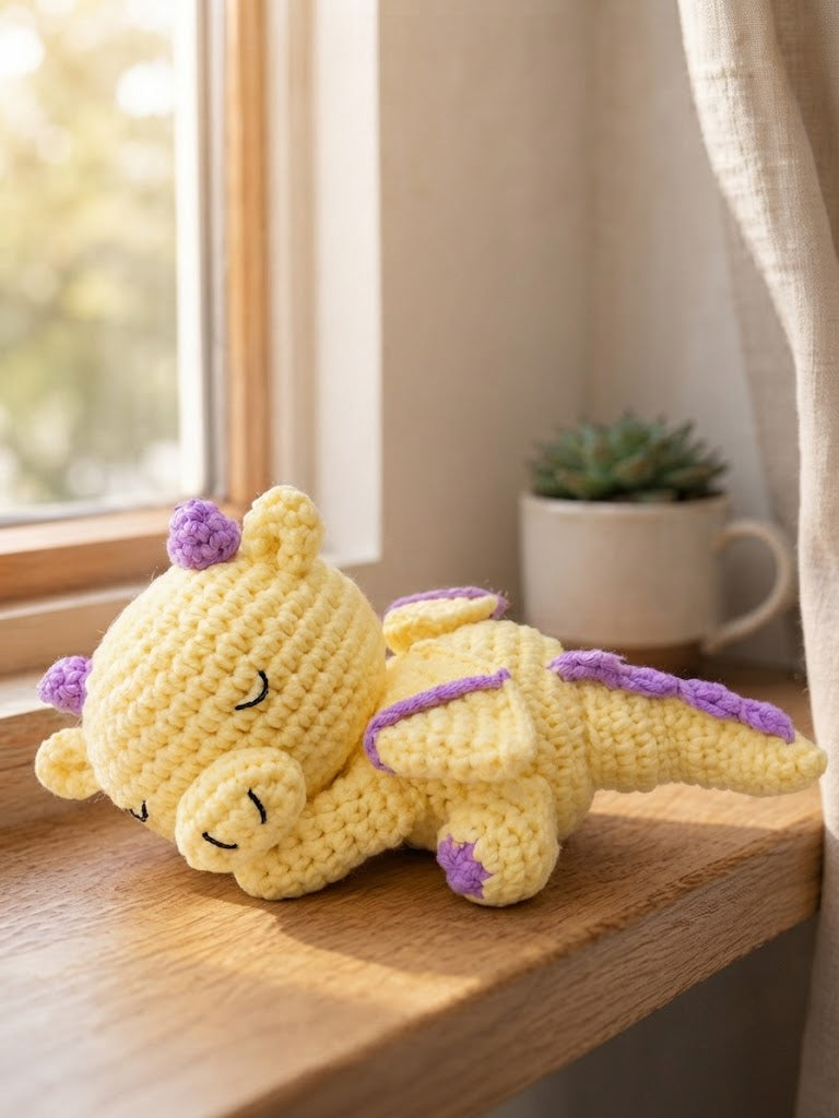 Handmade Sleeping Crochet Dragon – Cute Amigurumi Plush Gift & Nursery Decor