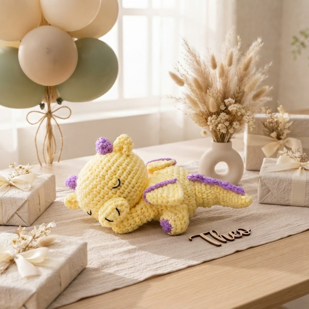Handmade Sleeping Crochet Dragon – Cute Amigurumi Plush Gift & Nursery Decor