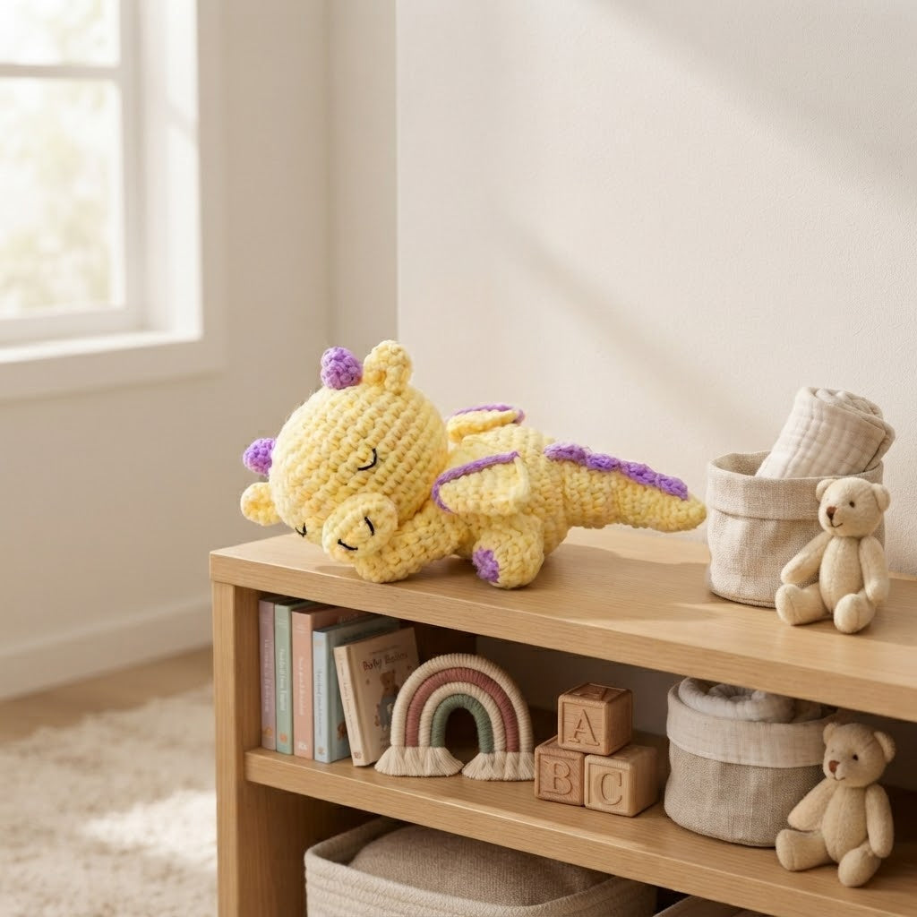 Handmade Sleeping Crochet Dragon – Cute Amigurumi Plush Gift & Nursery Decor