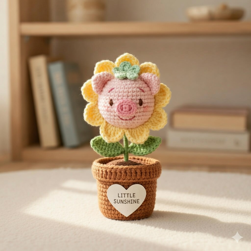 Crochet Pig Sunflower Flower Pot – Handmade Amigurumi Desk Decor