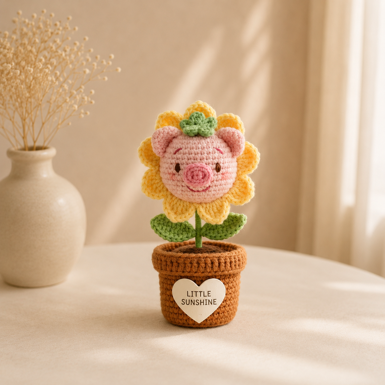 Crochet Pig Sunflower Flower Pot – Handmade Amigurumi Desk Decor