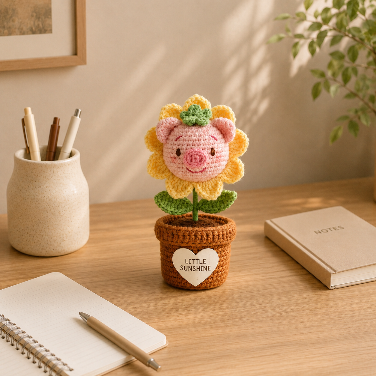 Crochet Pig Sunflower Flower Pot – Handmade Amigurumi Desk Decor