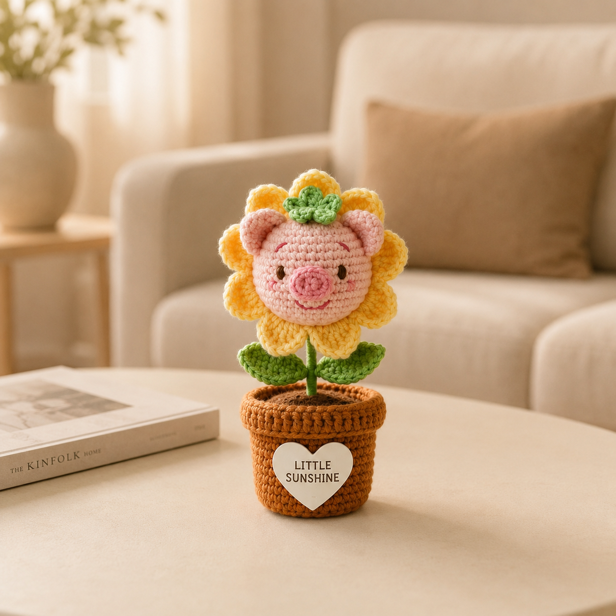 Crochet Pig Sunflower Flower Pot – Handmade Amigurumi Desk Decor