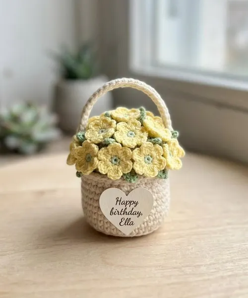 Yellow Crochet Flower Basket – Handmade Personalized Floral Gift