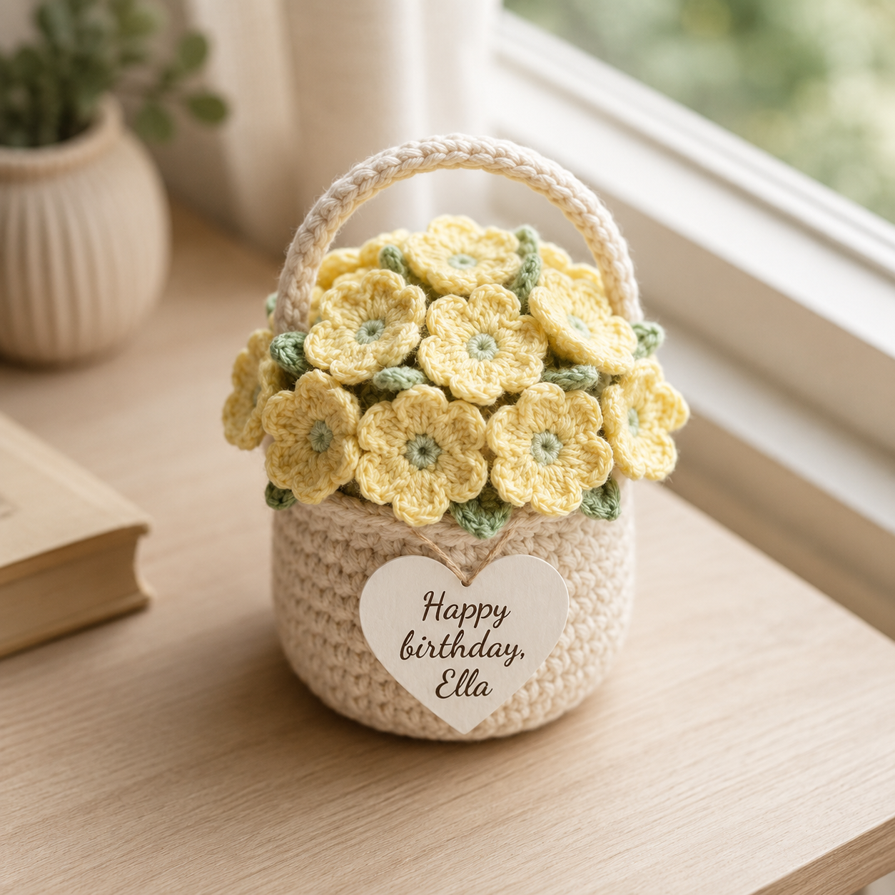 Yellow Crochet Flower Basket – Handmade Personalized Floral Gift