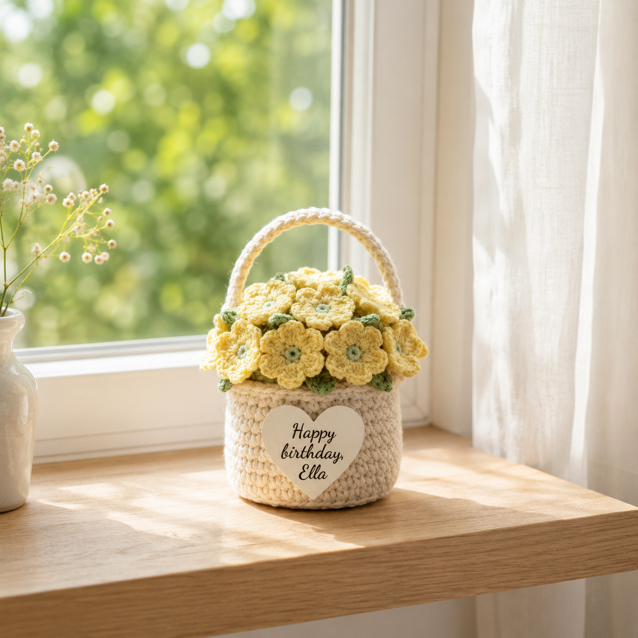 Yellow Crochet Flower Basket – Handmade Personalized Floral Gift