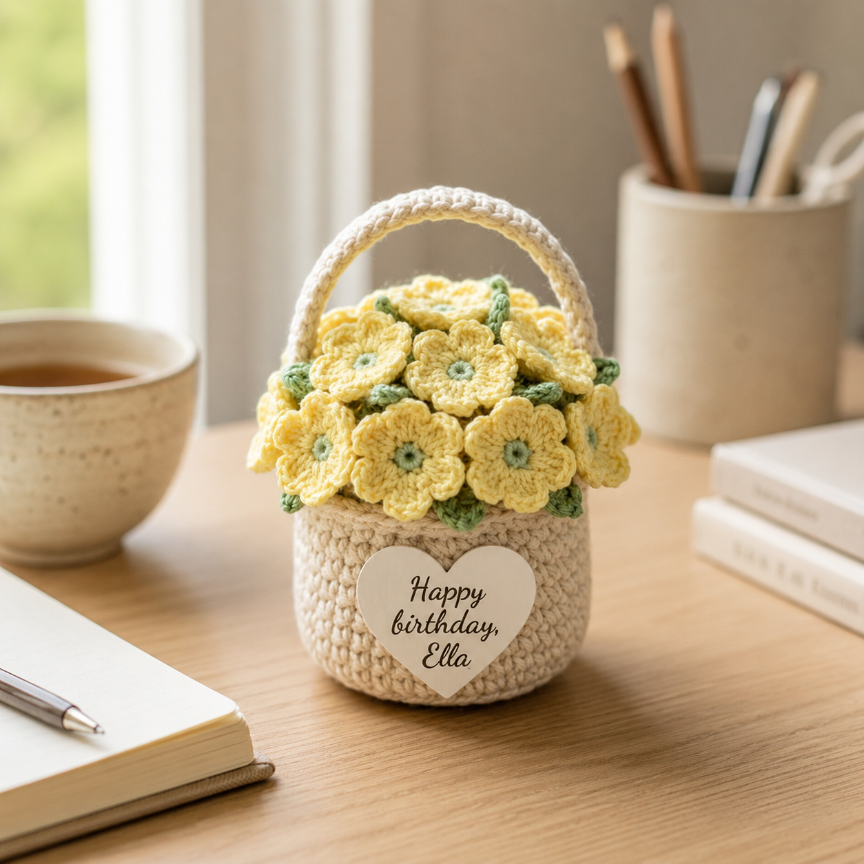 Yellow Crochet Flower Basket – Handmade Personalized Floral Gift