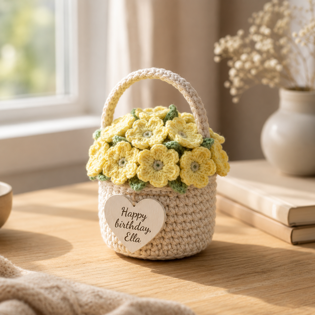 Yellow Crochet Flower Basket – Handmade Personalized Floral Gift