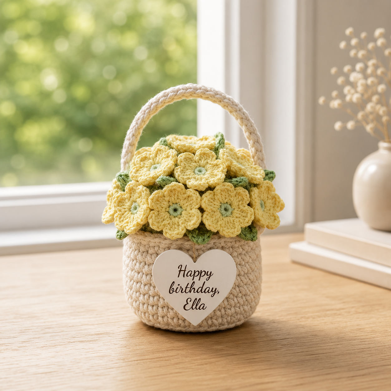 Yellow Crochet Flower Basket – Handmade Personalized Floral Gift