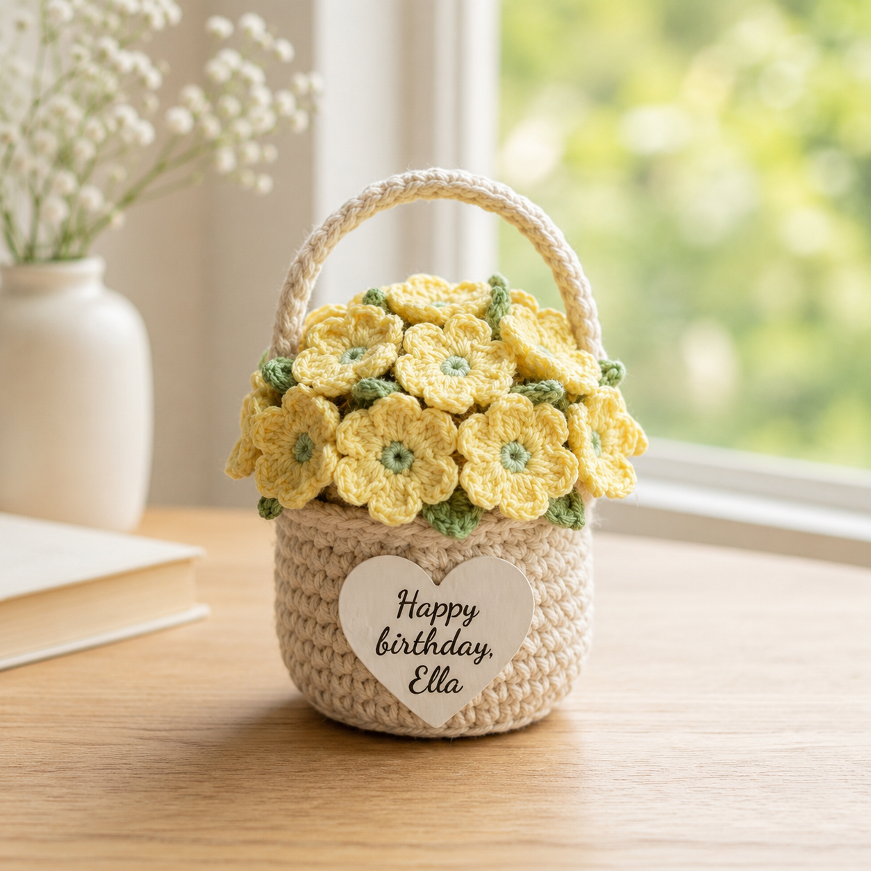 Yellow Crochet Flower Basket – Handmade Personalized Floral Gift