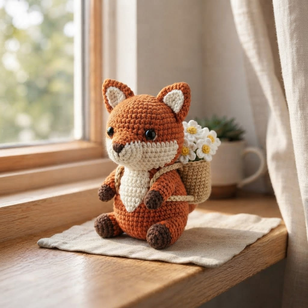 Handmade Crochet Fox with Daisy Basket – Woodland Home Decor & Gift