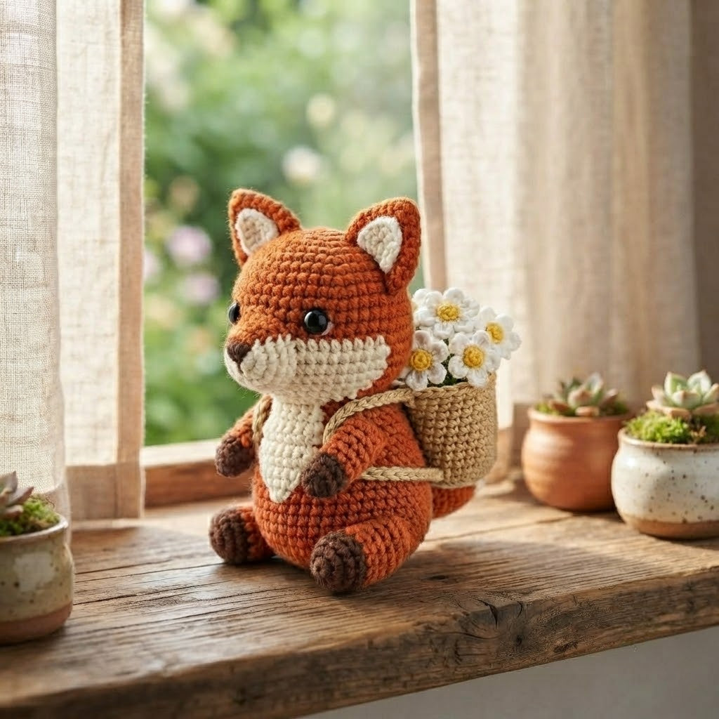 Handmade Crochet Fox with Daisy Basket – Woodland Home Decor & Gift