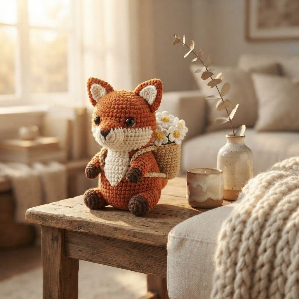 Handmade Crochet Fox with Daisy Basket – Woodland Home Decor & Gift