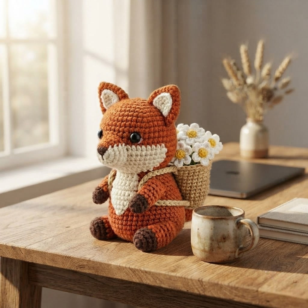 Handmade Crochet Fox with Daisy Basket – Woodland Home Decor & Gift