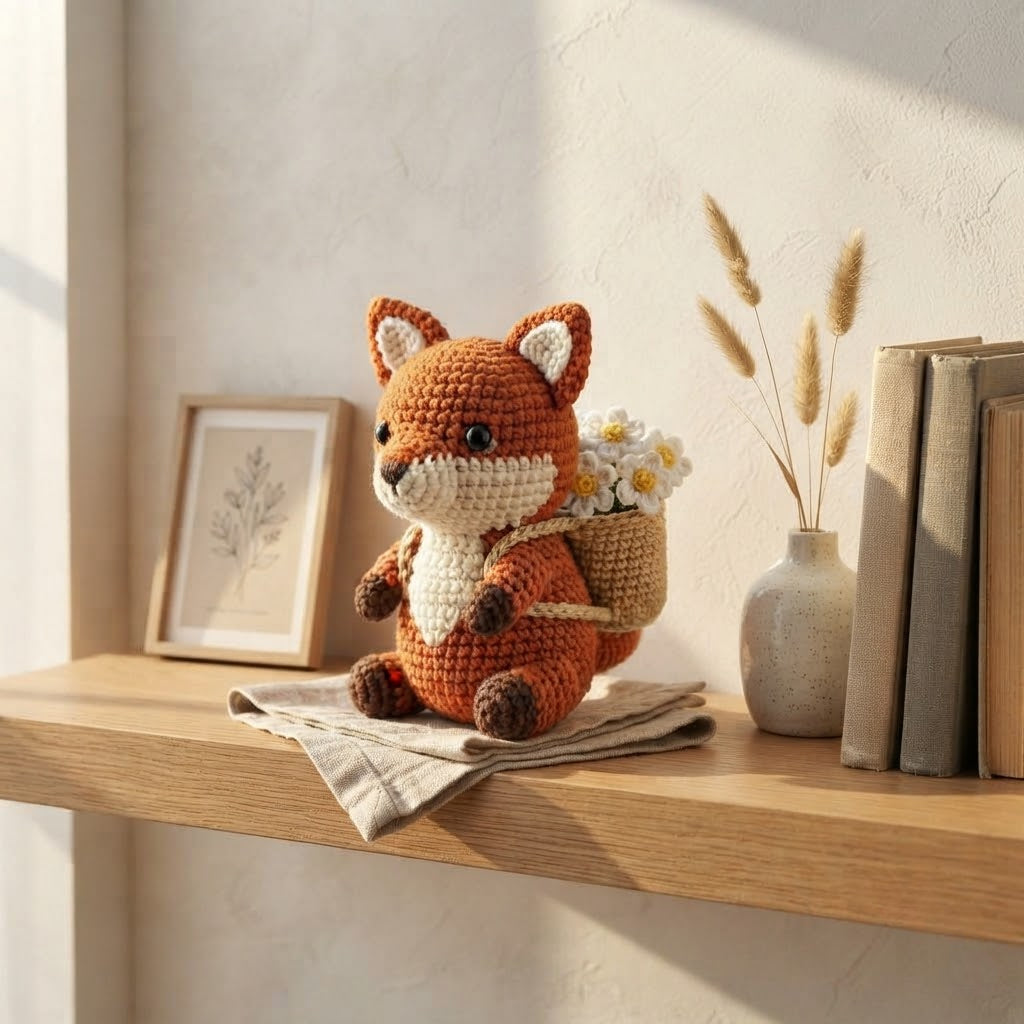 Handmade Crochet Fox with Daisy Basket – Woodland Home Decor & Gift