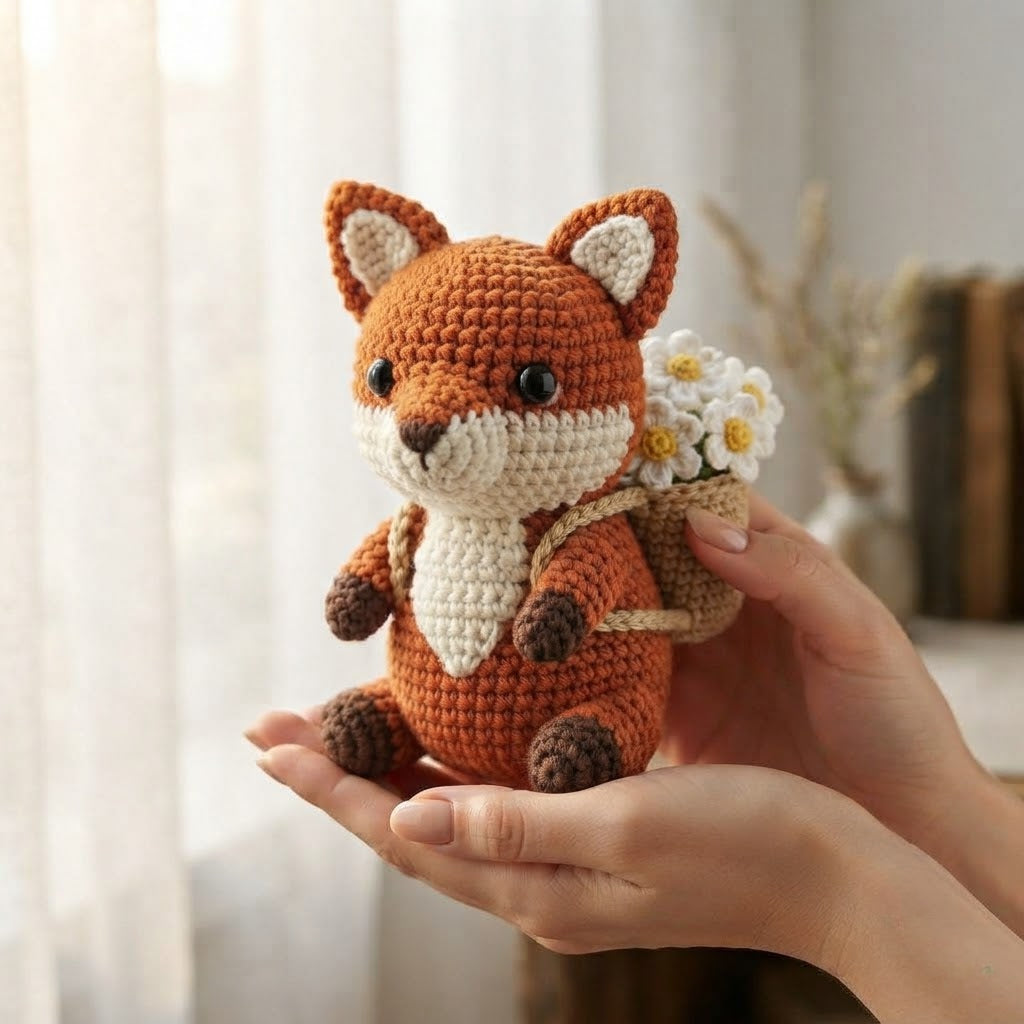 Handmade Crochet Fox with Daisy Basket – Woodland Home Decor & Gift